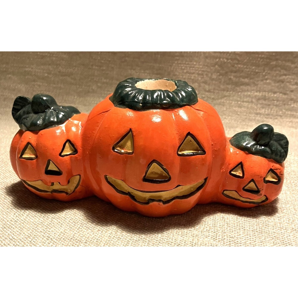 Hermitage Pottery 1995 Pumpkin Taper Candle Holder Halloween Jack-O-Lantern Trio
